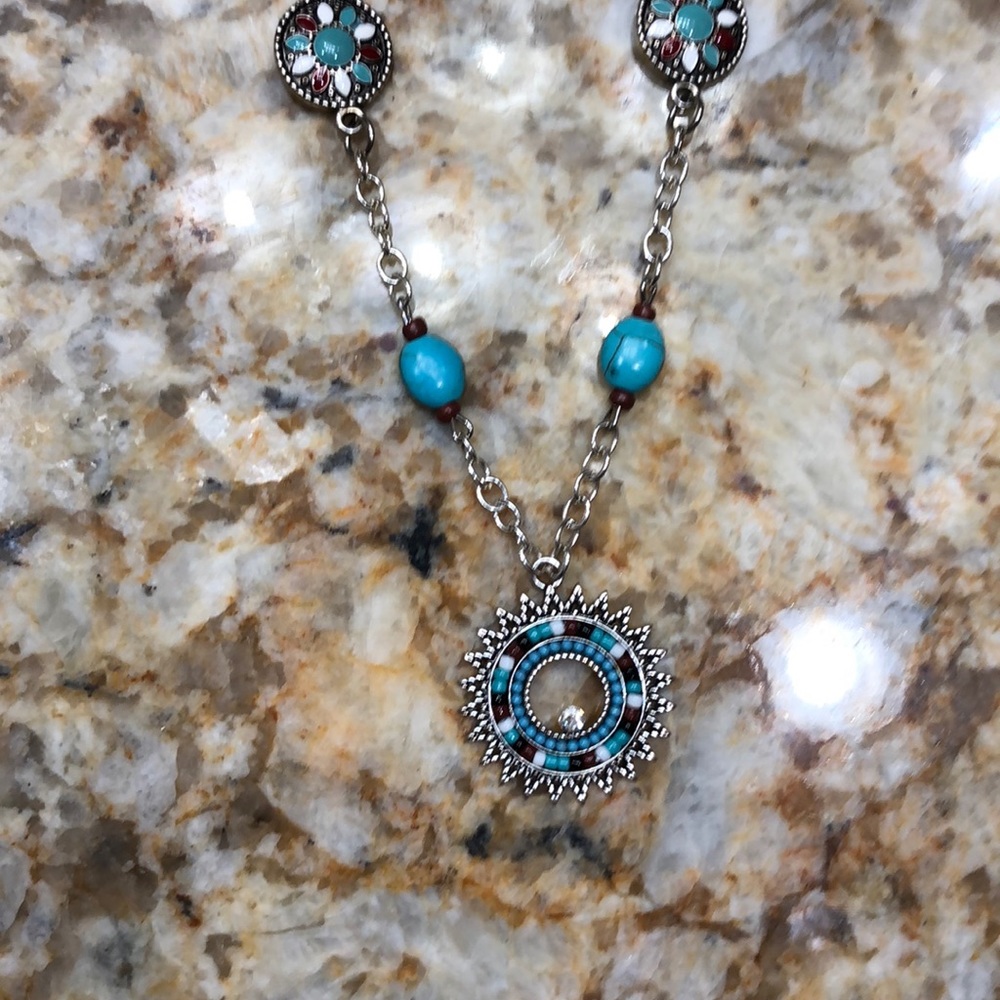 Turquoise, red, white silver necklace